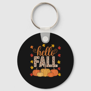 Groovy Hello Fall Autumn Maple Leaves Pumpkin Leop Keychain