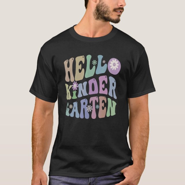 Groovy Hello Kindergarten Teacher Purple Kinder Re T-Shirt (Front)