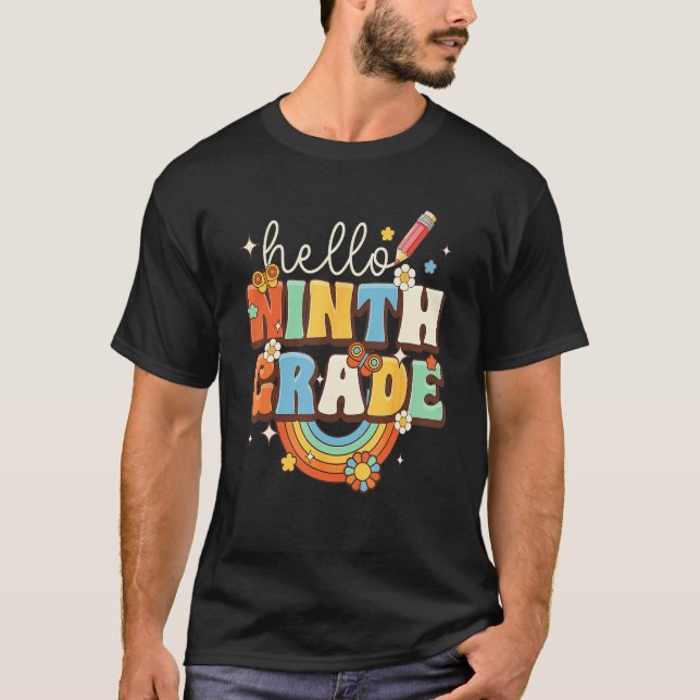 Groovy Hello Ninth Grade Vibes Retro Teacher Back  T-Shirt (Front)