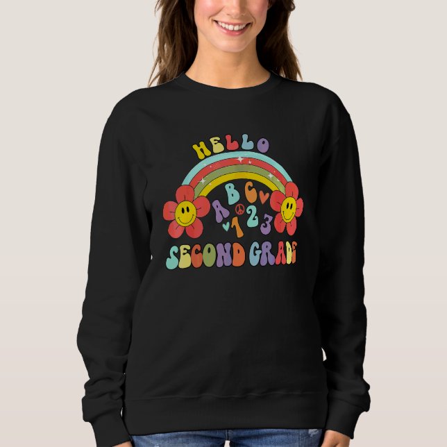 Groovy Hello Second Grade Vibes Retro Teacher Back Sweatshirt (Front)