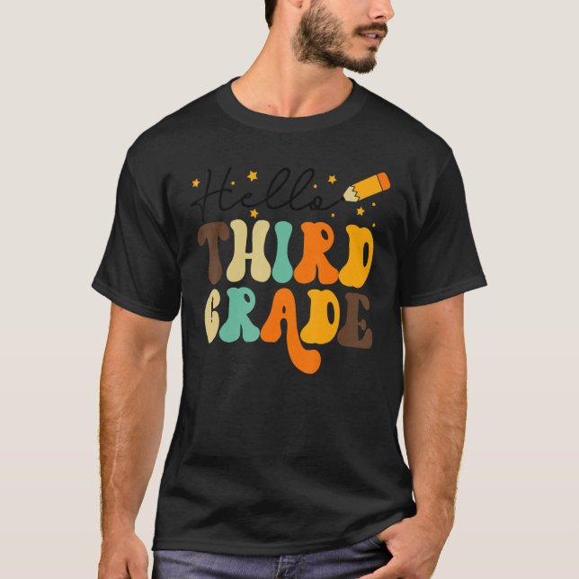 Groovy Hello Third Grade Vibes Retro Teachers Back T-Shirt (Front)