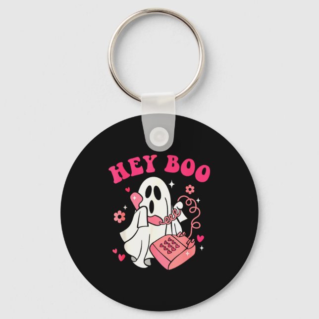 Groovy Hey Boo Cute Ghost Funny Halloween Mens Wom Keychain (Front)