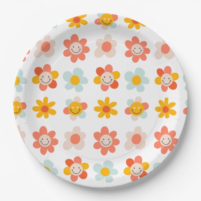 Groovy hippe retro modern fun flower faces paper plate (Front)