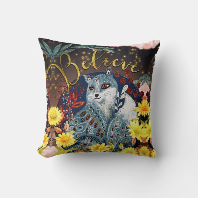 Groovy Hippie Boho Cat Believe Words-in-art Throw Pillow (Front)