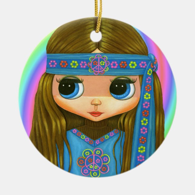 Groovy Hippie Chick in blue Peace Sign Cute Ceramic Ornament (Front)