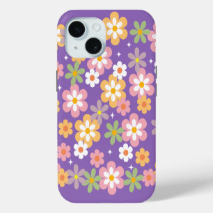 Groovy Hippie Daisy Pattern Purple iPhone 15 Case