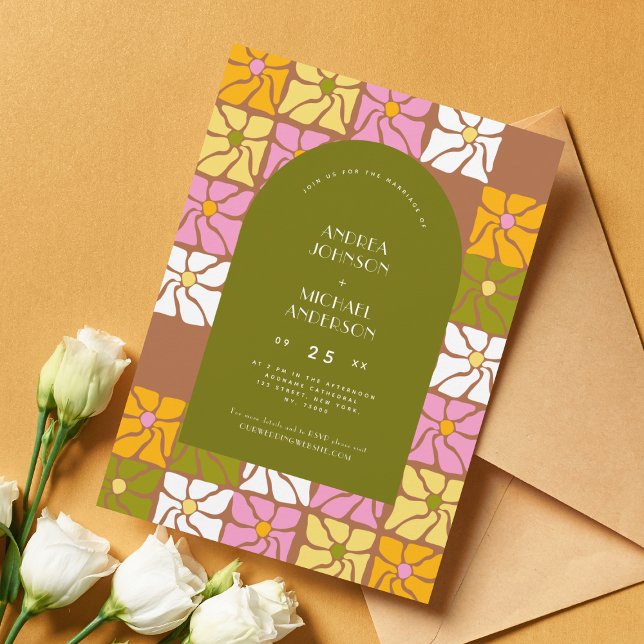 Groovy Hippie Floral Boho Arch 70s Retro Wedding Invitation (Creator Uploaded)