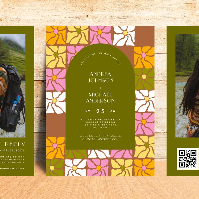 Groovy Hippie Floral Boho Arch QR Code Wedding     Invitation (Creator Uploaded)