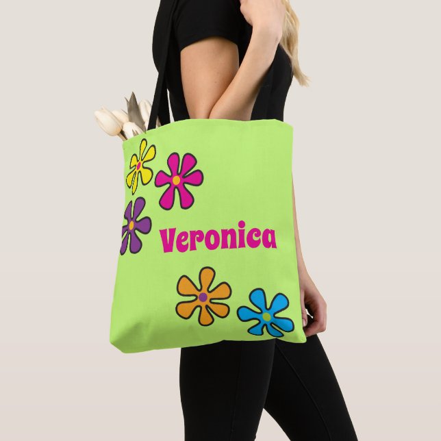Groovy Hippie Flower Custom Name Tote Bag (Close Up)