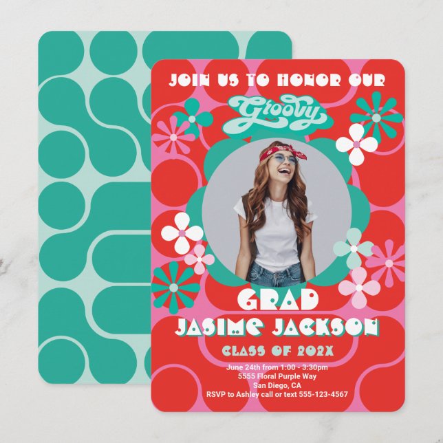 Groovy Hippie Flower Power Photo Graduation Party Invitation (Front/Back)