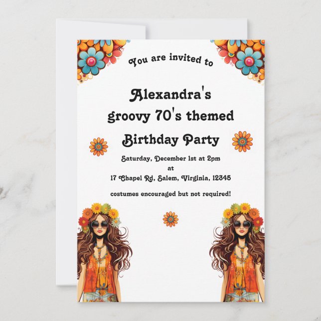 Groovy Hippie Hippy 1970s Themed Birthday Party Invitation (Front)