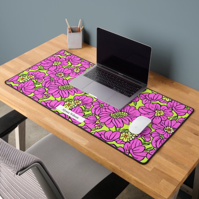 Groovy Hippie Neon Pink & Yellow Floral Pattern Desk Mat (Office 2)