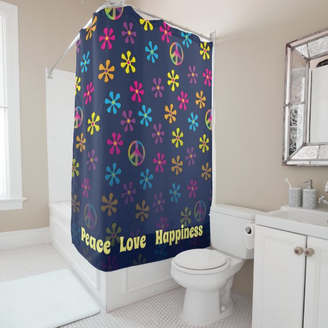 Groovy Hippie Peace and Flower Shower blue fade (In Situ)