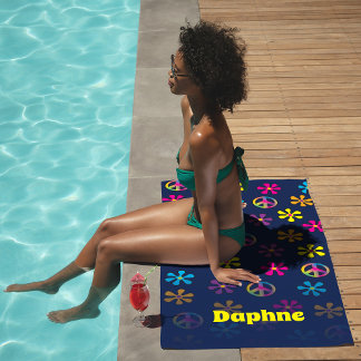 Groovy Hippie Peace and Flower Shower Custom Name Beach Towel
