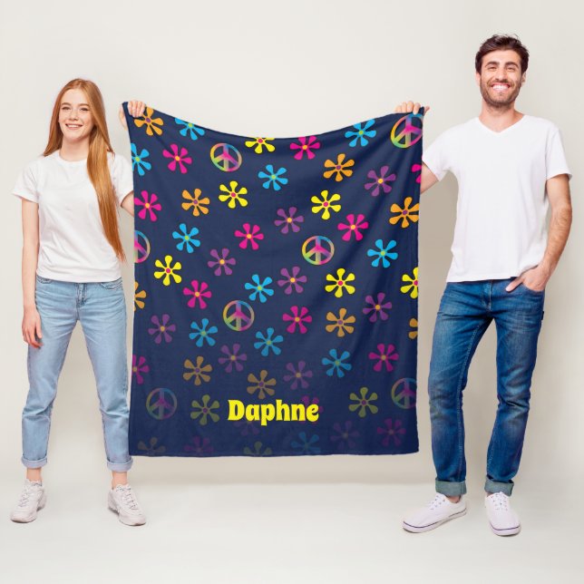 Groovy Hippie Peace and Flower Shower Custom Name Fleece Blanket (In Situ)