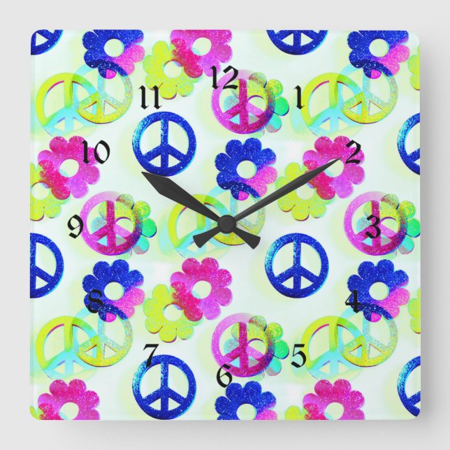 Groovy Hippie Peace Signs Flower Power Aqua Square Wall Clock (Front)