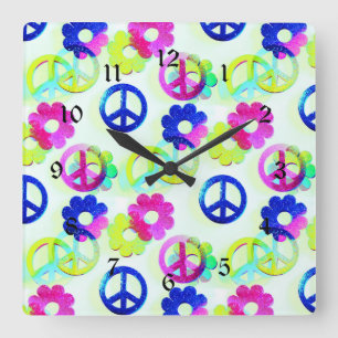 Groovy Hippie Peace Signs Flower Power Aqua Square Wall Clock