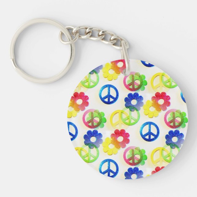 Groovy Hippie Peace Signs Flower Power Sparkle Keychain (Front)