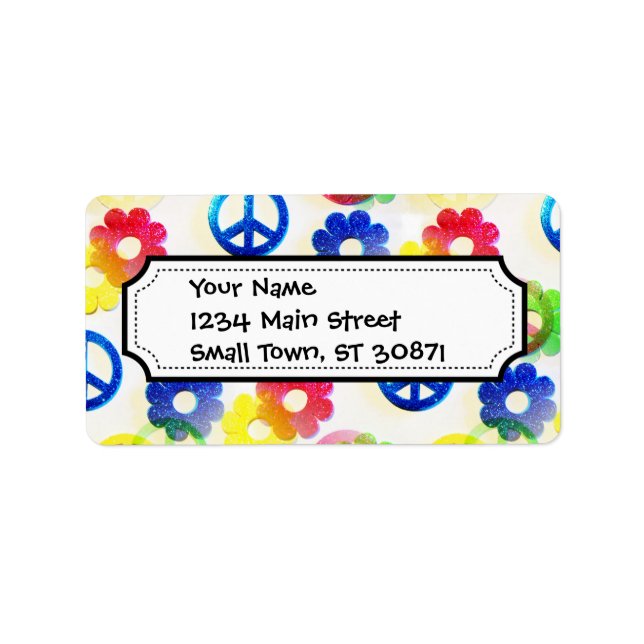 Groovy Hippie Peace Signs Flower Power Sparkle Label (Front)