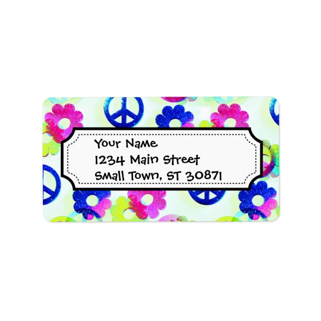 Groovy Hippie Peace Signs Flower Power Sparkle Pat Label (Front)