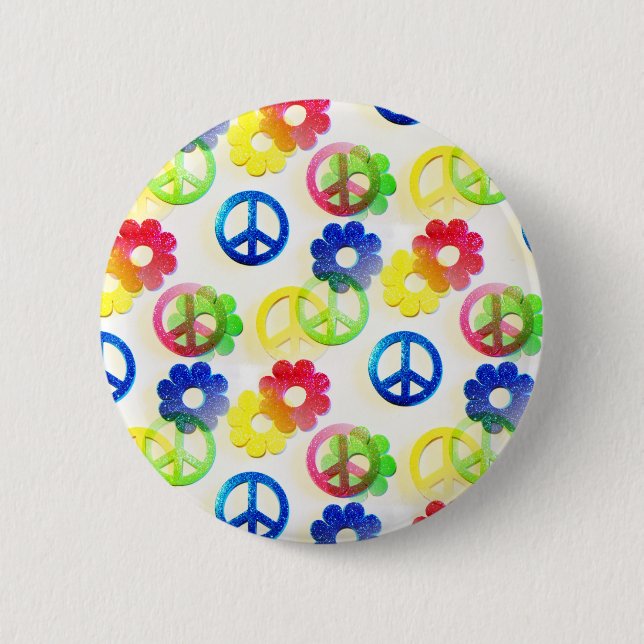 Groovy Hippie Peace Signs Flower Power Sparkles 2 Inch Round Button (Front)