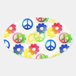 Groovy Hippie Peace Signs Flower Power Sparkles Oval Sticker
