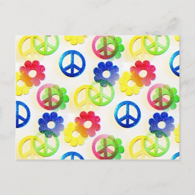 Groovy Hippie Peace Signs Flower Power Sparkles Postcard (Front)