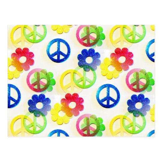 Groovy Hippie Peace Signs Flower Power Sparkles Postcard