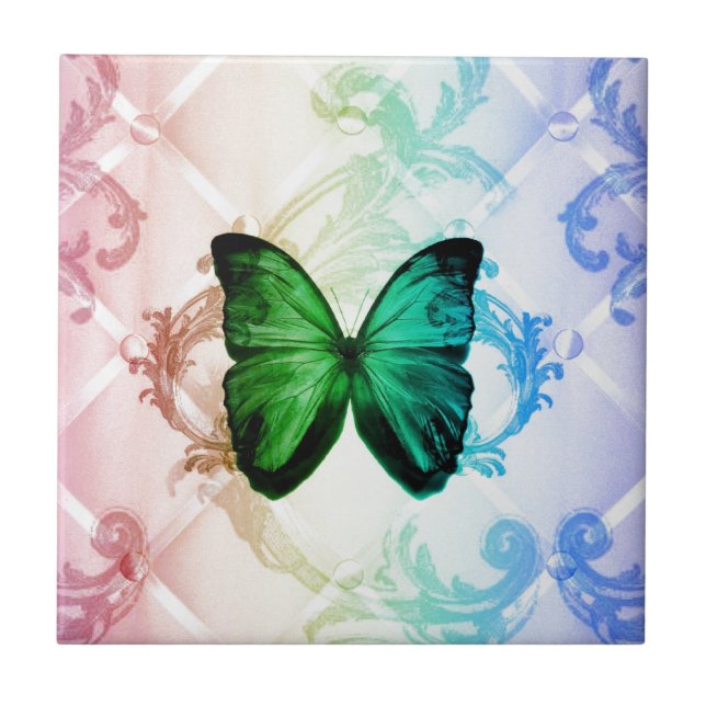 Groovy Hippie rainbow boho teal green butterfly Tile (Front)