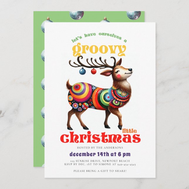 Groovy Hippie Reindeer Disco Funny Christmas Party Invitation (Front/Back)