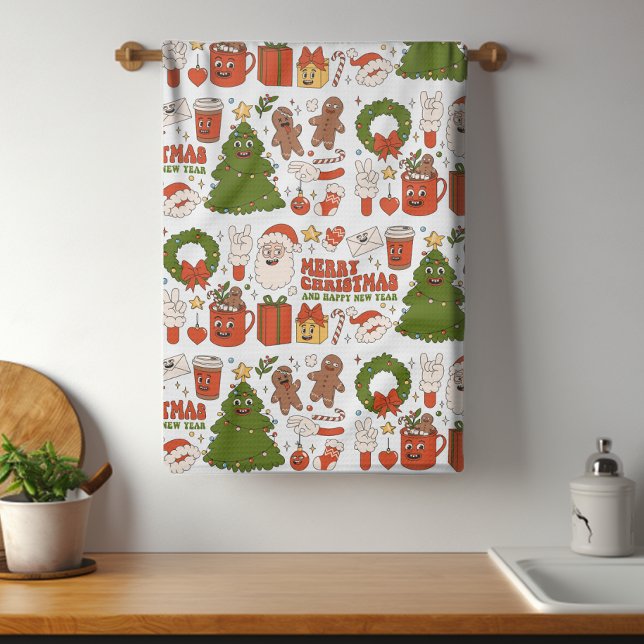 Groovy Hippie Retro Merry Christmas Santa Funny Kitchen Towel (Creator Uploaded)