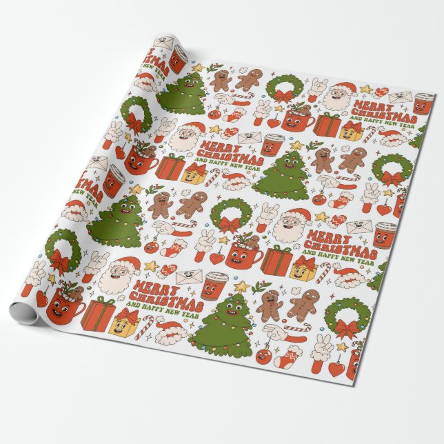 Groovy Hippie Retro Merry Christmas Santa Funny Wrapping Paper (Unrolled)