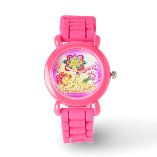 groovy hippie-style palm tree pink glitter watch (Front)