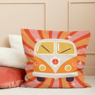 Groovy Hippie Van Pink & Orange 60s Retro Throw Pillow
