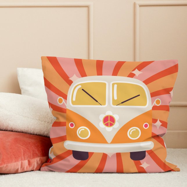 Groovy Hippie Van Pink & Orange 60s Retro Throw Pillow (Groovy Hippie Van Pink & Orange 60s Retro Throw Pillow teen girl college dorm room decor decoration)