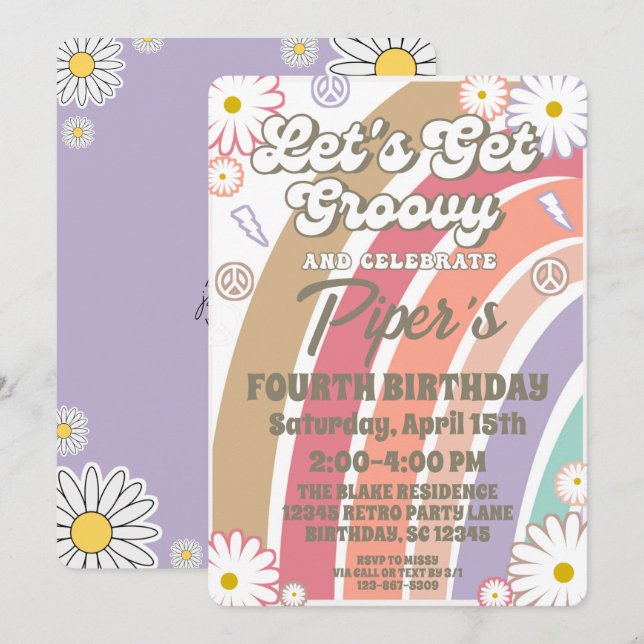 Groovy Hippy Boho Rainbow & Daisy Girls Birthday I Invitation (Front/Back)