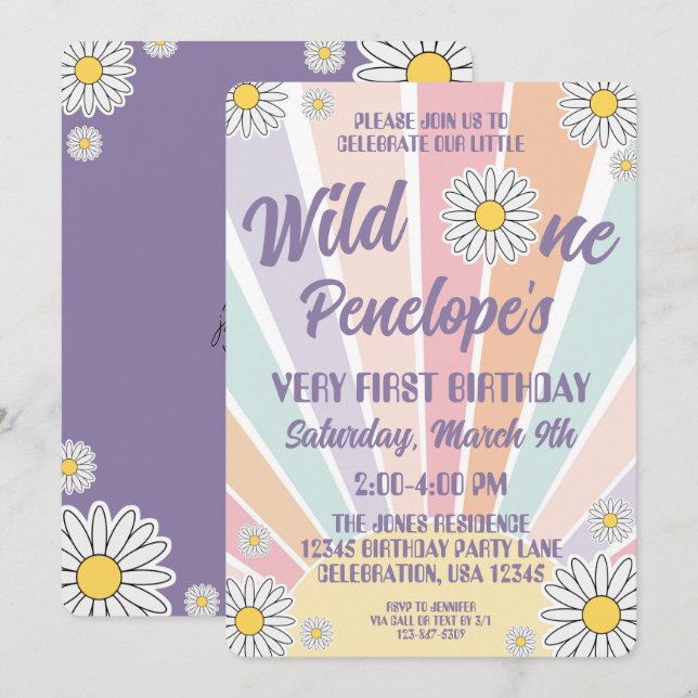 Groovy Hippy Sun & Daisy 1st Birthday Invitation (Front/Back)