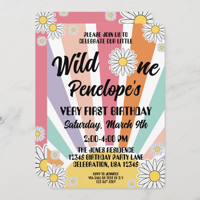 Groovy Hippy Sun & Daisy 1st Birthday Invitation (Front/Back)