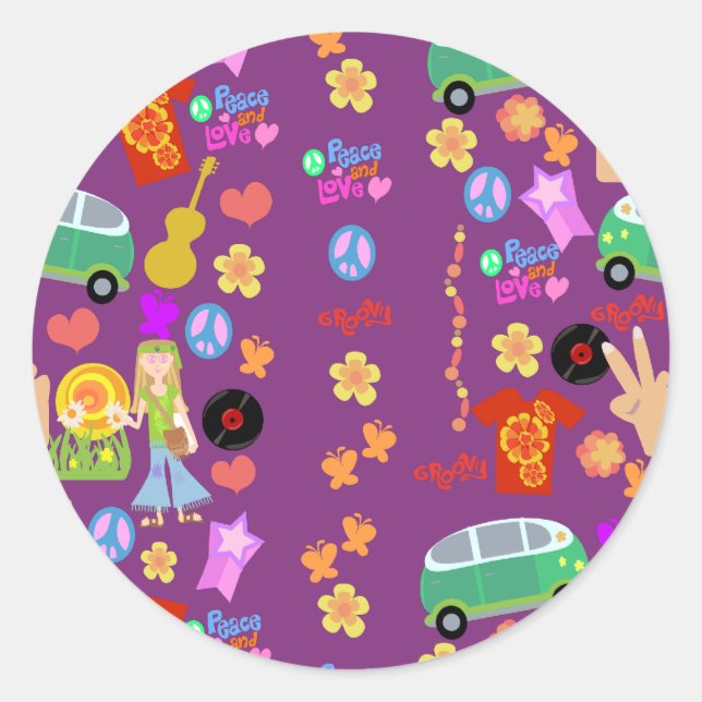 Groovy Hippy Vibes Purple Pattern Art Classic Round Sticker (Front)