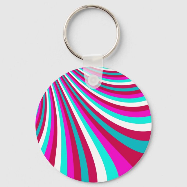 Groovy Hot Pink Teal Rainbow Slide Stripes Pattern Keychain (Front)