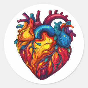 Groovy Human Heart Anatomy Design   Retro Colours  Classic Round Sticker