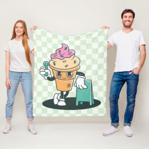 Groovy Ice Cream Cone 60s Retro Green Chequered Fleece Blanket