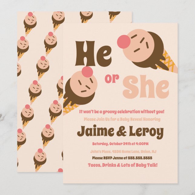 Groovy Ice Cream Cones Gender Reveal He or She Invitation (Front/Back)