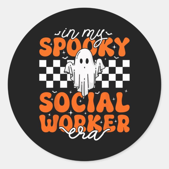 Groovy In My Spooky Social Worker Era Cute Ghost H Classic Round Sticker (Front)