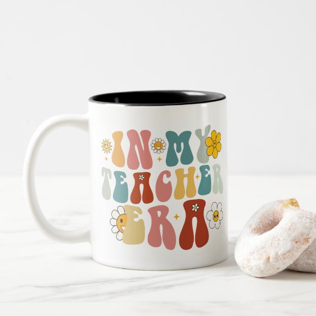 Groovy In My Teacher Era Back to School Teacher  Two-Tone Coffee Mug (With Donut)