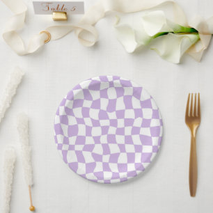 Groovy Lavender White Checks Chequered Paper Plate