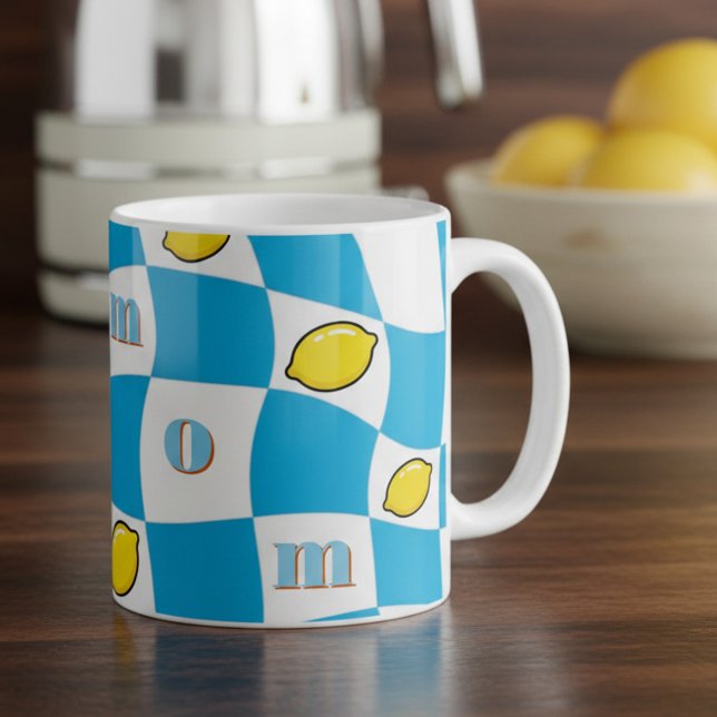Groovy Lemons Chequerboard Kitchen Kitsch Mom Coffee Mug (Groovy Mom Mug with checkerboard and lemons by Darling & May)