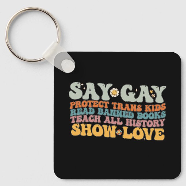 Groovy LGBT Say Gay Protect Trans Kids Read Books Keychain (Front)