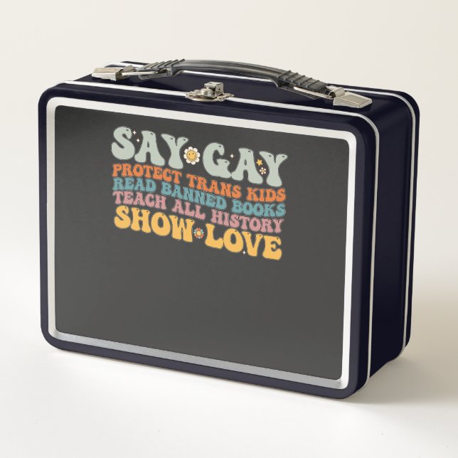 Groovy LGBT Say Gay Protect Trans Kids Read Books Metal Lunch Box (Front)