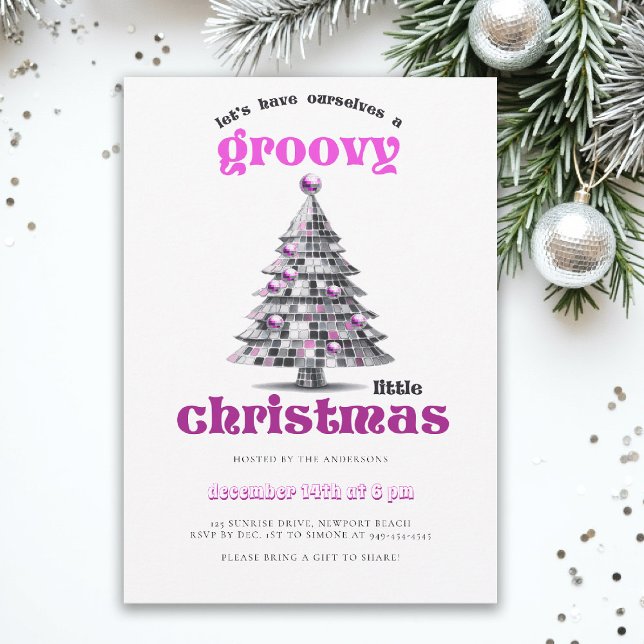 Groovy Little Christmas Disco Pink Christmas Party Invitation (christmas party invitation corporate business disco groovy 70s hot pink black elegant fun tree)
